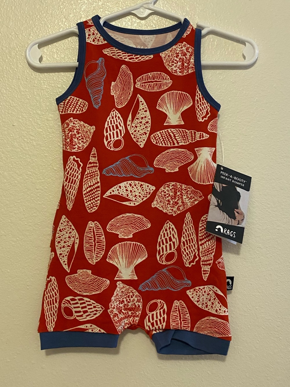 Rags to Raches Red Shell-Print Romper with Blue Trim
